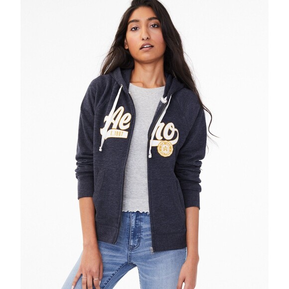 Vintage Aeropostale Hoodie Womens L Spell-Out Brushed Fleece Zip-Up Aero Crest - Picture 3 of 10